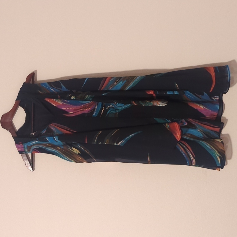 SIGNATURE by ROBBIE BEE. Abstract Print Chiffon. Color Navy Blue Green Orange. - Picture 2 of 11
